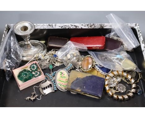 Mixed costume jewellery and other items including silver charm bracelet and silver and enamel baby brooch, Maundy money and a