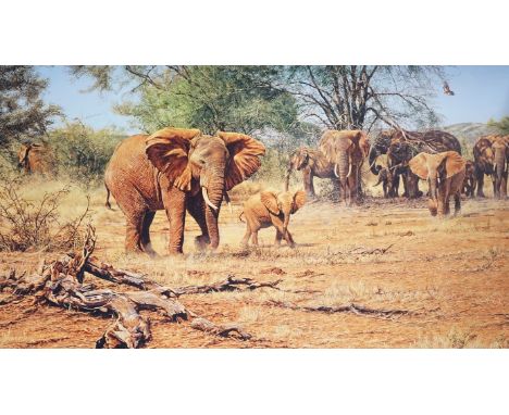 Alan M. Hunt, a limited edition print, Elephants, signed in pencil, 71 x 117cm, linen backed, unframed.