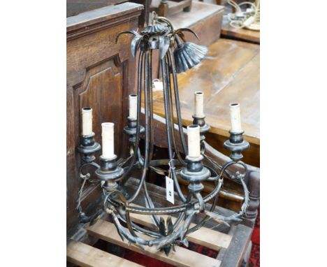 A painted wrought iron six light electrolier, height 66cm