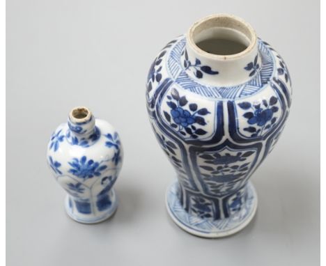 Two Chinese Kangxi blue and white vases, the smallest marked ‘yu’ (jade),tallest 15 cms high.