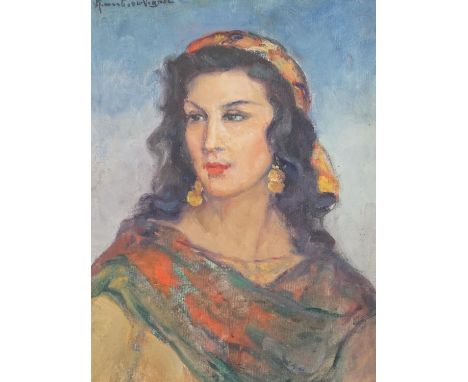 Humbert Vignol, oil on canvas board, Portrait of gypsy woman, indistinctly signed with French label verso, 34 x 25cm