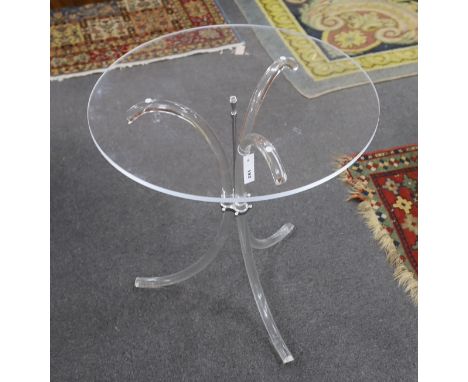 A Charles Hollis Jones style circular lucite tripod table, diameter 67cm, height 69cm r