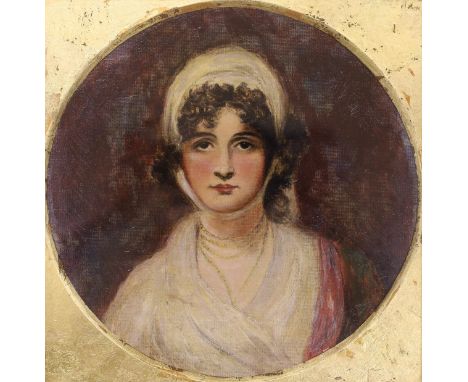 19th century English School, oil on canvas laid on board, Portrait of a lady, tondo, 20cm