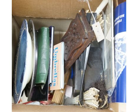 A quantity of lace makers items, Victorian parasols, 7 other fans, a fan frame, a 900 silver bag mount, a silver mother of pe