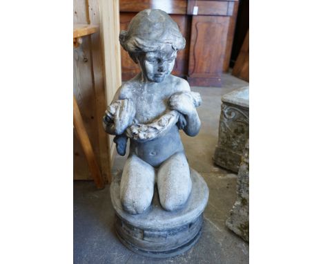 A lead garden ornament of a kneeling child with floral garland, signed Ruby Levick Bailey, 1909, height 74cm