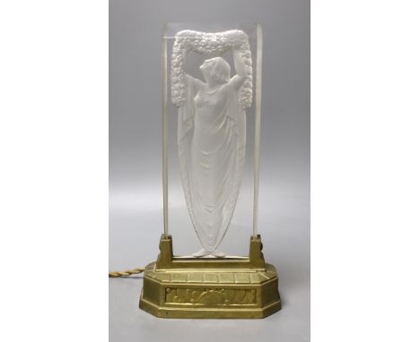 An Art Deco Hettier and Vincent brass and frosted glass figural table lamp, 25.5cm