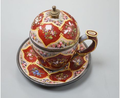 A 19th century Swiss white metal and enamel jam or sugar pot, cover and stand, made for the Ottoman market,12.5 cms high.