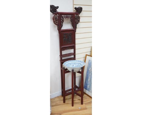 A 19th century Chinese lacquered wood washstand with sweet pea blue and white basin - 168cm high