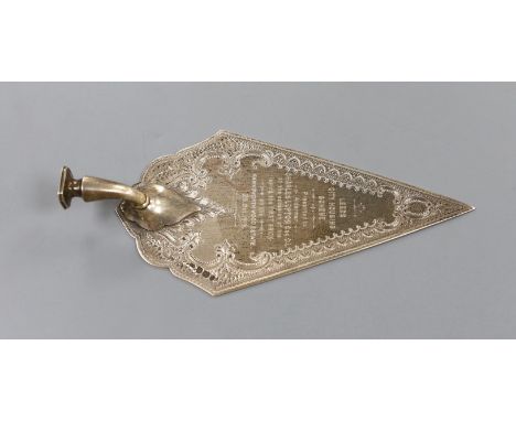 A late Victorian engraved silver presentation trowel, Sheffield, 1897, with later engraved inscription, no handle, 19.5cm, 15
