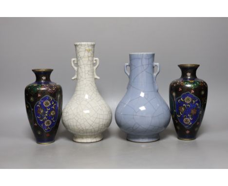 Two Chinese crackle glaze vases together with two Japanese cloisonné enamel vases (4) - tallest 24.5cm