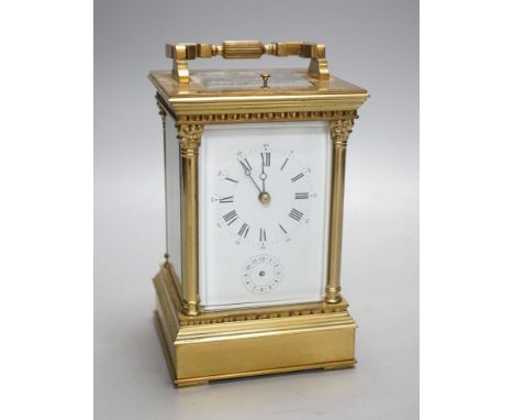 A large late 19th century brass carriage clock with alarm, and push repeat15 cms high.