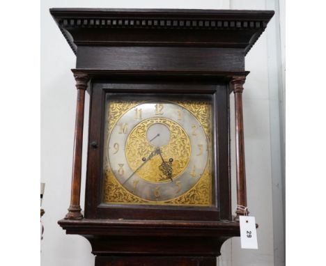 A George III style oak cased longcase clock with silvered chapter ring, height 197cm