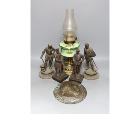 Two pairs of spelter figures, an relief cast portrait plaque, and oil lamp