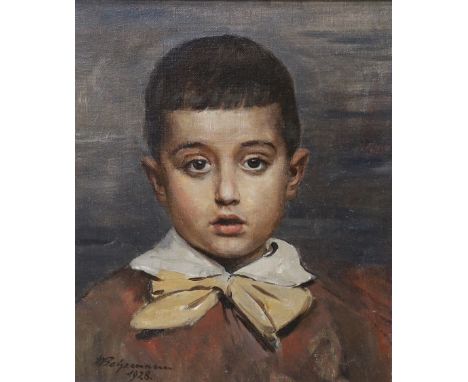 German School, oil on canvas, portrait of a young boy, indistinctly signed and dated 1928, 39 x 33cm.