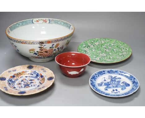A Chinese Kangxi Imari dish, a blue and white dish, Qianlong famille rose bowl, a republic period plate and later sang de boe