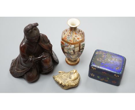 An antler horn Japanese netsuke, enamel box, carved figure and a small Satsuma vase,carved figure 16.5 cms.