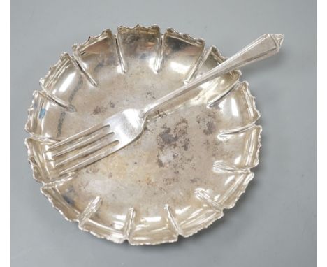 A 1960's silver dish, by C.J. Vander Ltd, 11.6cm and a silver fork, 4oz.