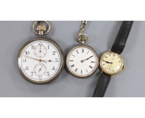 A lady's 9ct gold Omega manual wind wrist watch, a 935 white metal fob watch with albert and a silver open faced pocket watch