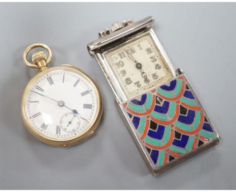 A 14ct open face fob watch, the inner case stamped Omega, case diameter 30mm, gross weight 29.6 grams and a Swiss white metal
