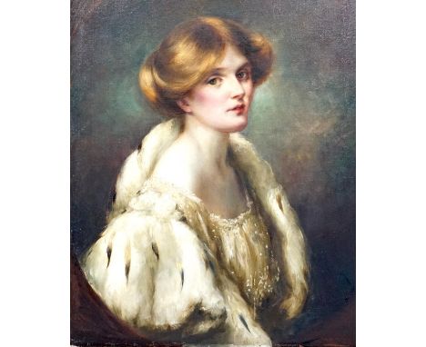 English School c.1900, oil on canvas, Portrait of a young lady wearing an ermine trimmed cape, painted to the oval, 77 x 64cm