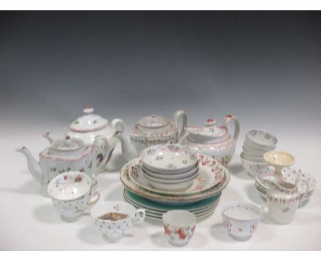 Newhall teapots, tea bowls, plates and a candlestick, together with other ceramics (all in varying condition)