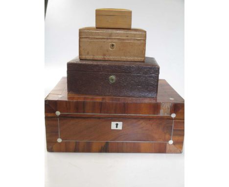 A Victorian mahogany and mother of pearl casket, a Victorian jewellery casket, two leather jewellery boxes and a a mauchline 