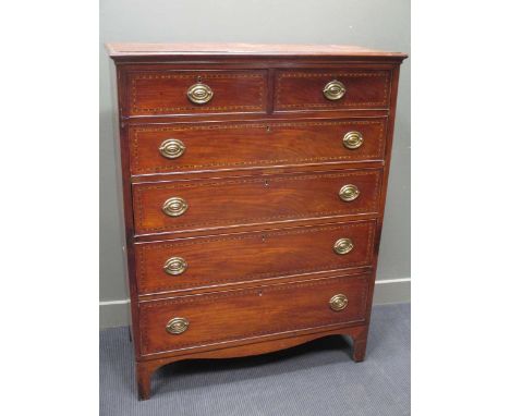 A large 19th century mahogany chest of drawers, fitted with two short and four long drawers, on bracket feet 142 x 112 x 50cm