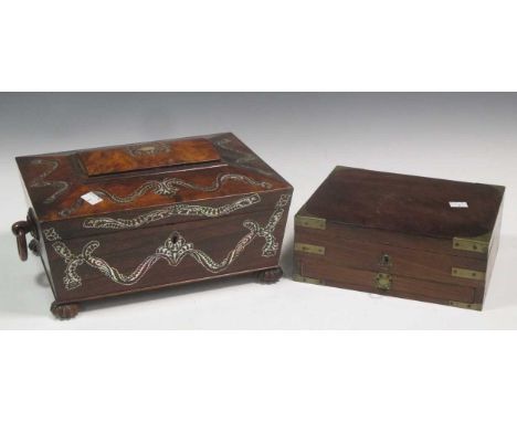 A Regency rosewood and mother of pearl inlaid sarcophagus shape work box with some contents, and a mahogany box (2)