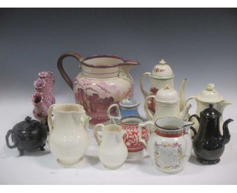 A large 19th century lustre jug, three pearl-ware coffee pots and covers and various items of English pottery (qty)