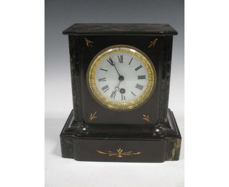 A black slate mantel clock, with Roman numerals, 23cm high