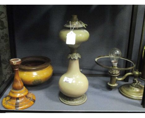 A treen lamp, together with two other lamps