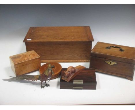 A Georgian mahogany caddy box, an inlaid box, a pair of brass candlesticks, a cold painted 'Lady Amerhurst' pheasant and othe