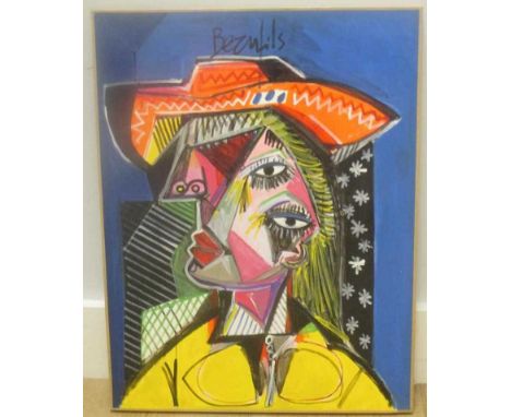 Jean-Luc Beaufils (b. 1953) Cubist portrait in the manner of Picasso, gouache on canvas signed, 65 x 50cm, unframed; Consuelo