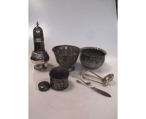 A silver sugar caster, two silver bowls, a small quantity of silver flatware, a pin cushion with hinged cover and a modern pi