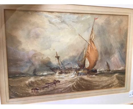 Pictures: a marine scene with sailing boats in a squall, date (18)51, 25 x 38cm, a Rowlandson 'Bay of Biscay' etching (staine