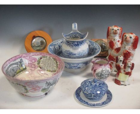 A Copeland Spode blue and white jug and bowl, a Sunderland lustre bowl printed with a view of the cast iron bridge of Sunderl