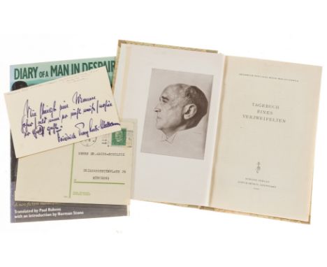 Reck-Malleczewen (Friedrich) Tagebuch eines Verzweifelten, first edition, Autograph Note and Typed Note by signed by the auth