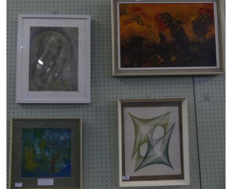 A mixed lot of five assorted pictures comprising abstract oil on canvas study indistinctly signed together with mid 20th cent