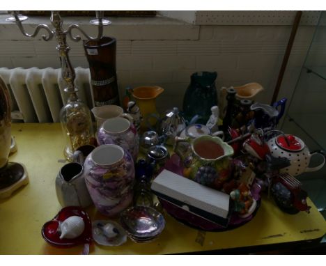 A mixed lot of various wares to include large candelabra, Vintage Heat Master tea set, model motorcycle, various decorative j