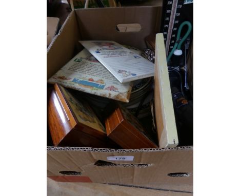 A box of various assorted mixed wares to include Hummel music box, various decorated plates, Mabel Lucie Atwell 'bathroom rul