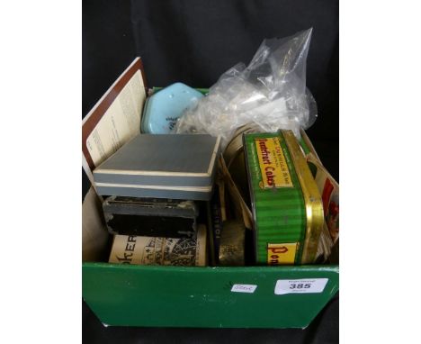 A box of assorted mixed items to include a range of various coinage and bank notes, a Spanish musket ball, flags of the world