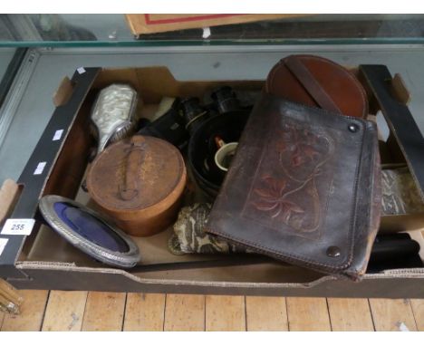 A box of various mixed items to include silver mounted photograph frame, vintage spectaculars, collar box, binoculars marked 