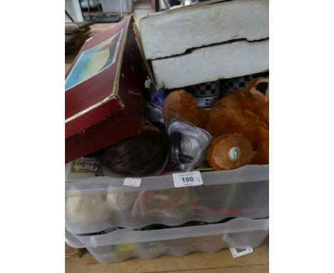 Two boxes of various assorted Star Wars toys, miniature guitar, various soft toys and other items 