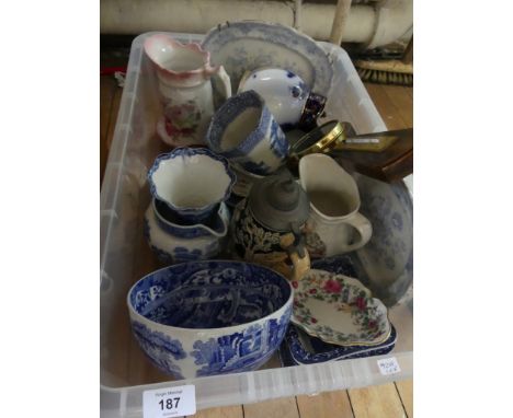 A box of mixed ceramics to include a range of blue and white, Copeland Spode plus small barometers and other assorted items 