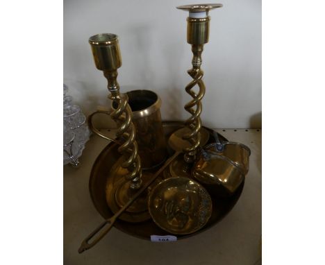A mixed lot of various brasswares comprising a pair of barleytwist candlesticks, ladle, tankard, bowl and other items 