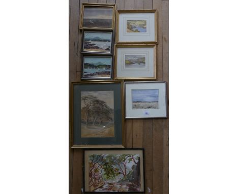A mixed lot of eight various small watercolours and oils to include Robert Bruce 'Three Shires Head, Staffordshire' signed an