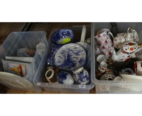 Three boxes of mixed wares to include a range of various blue and white china wares including Spode plus further floral decor