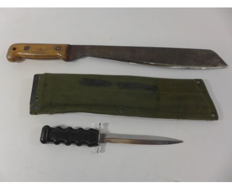 A British Army machete dated 1984, 33cm single edged blade with War Department marks, wooden grip, complete with green webbin