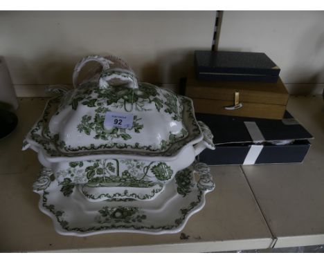 A Masons soup tureen, with ladle and stand, decorated in the Fruit Basket pattern, together with a further cheese dish and ca