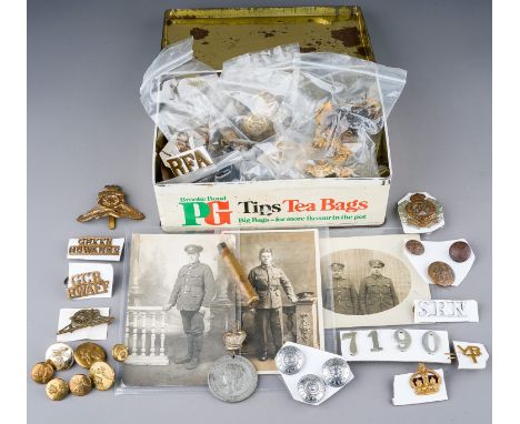 RAF, Navy and Army Buttons. Collar dogs and Cap Badges. Ranging from WW1 to post WW2. With three postcard photographs of Grea